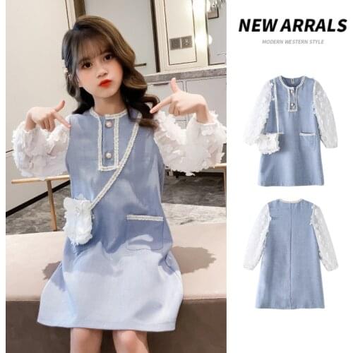 Girls Autumn Clothes 2021 O-neck Long Sleeve Dress for Big Girls Korean Lace Flower Sleeve Dresses with B White Bag 4 8 12 14Y
