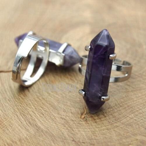 10Pcs Dog Tooth Amethysts Ring Prong Setting Silver Electroplated Faceted Double Terminated Point Ring Adjustable RM11470
