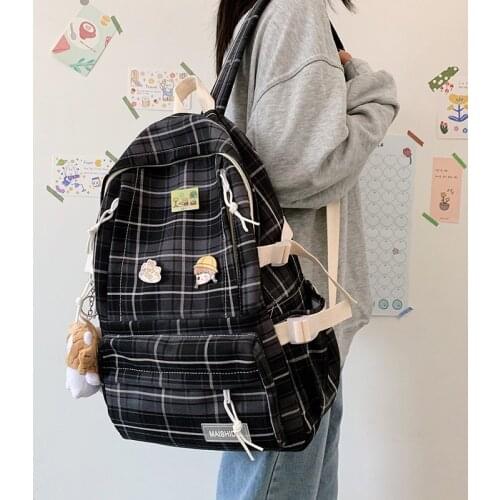 2021 New Plaid School Bag Female Korean Harajuku Large capacity Students Backpack Campus Fashionable Girl Travel Bag Waterproof