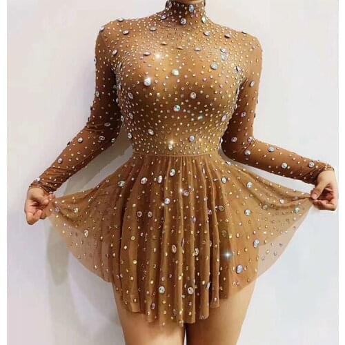 Mesh Rhinestones Long Sleeve Stretch Mini Dress Female Crystals Birthday Outfit Lady Celebrate Dresses Stage Show Costume DT2416