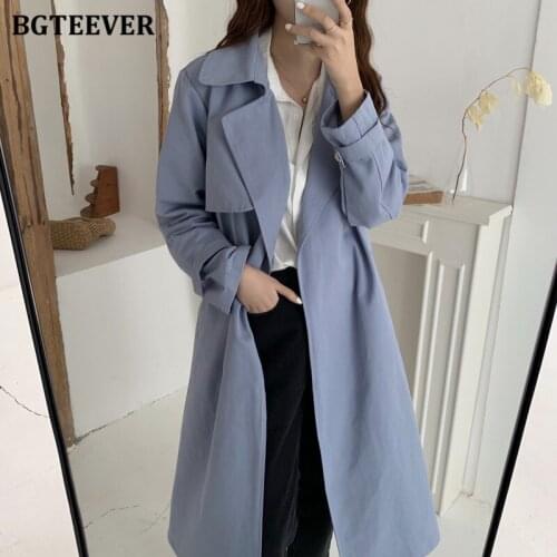 BGTEEVER Casual Turn-down Collar Loose Trench Coats for Women Full Sleeve Belted Sashes Windbreaker Female Long Overcoats 2021