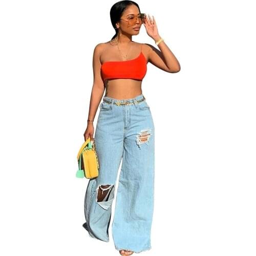 Streetwear Casual Denim Pants Women Hight Waist Hole Boyfriends Jeans Femme Trousers Ripped Loose Wide Leg Pants Vintage Retro