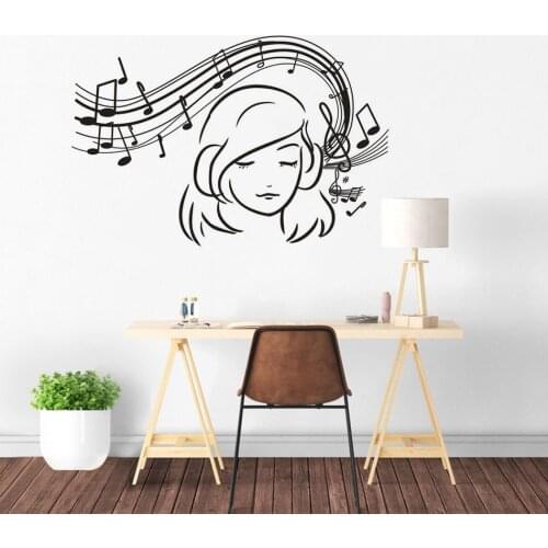 Music Note Wall Sticker Girl Listening To Music Vinyl Wall Art Decals Musical Style Home Decoration Music Song Murals AZ677
