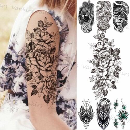 Black Peony Leaf Temporary Tattoos For Women Men Lion Rose Flower Wolf Geometric Snake Fake Tattoo Sticker Arm Waist Tatoos Sexy