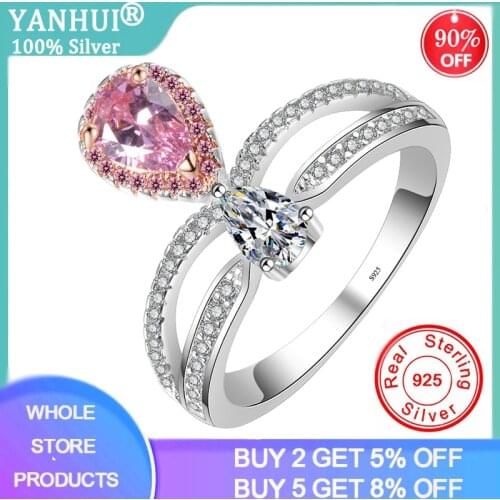 YANHUI New Original 925 Silver Pink/White Water Drop Zirconia Diamond Ring Luxury Brand Crown Wedding Band Engagement Jewelry