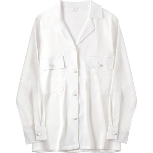 Bella Philosophy 2020 Casual Chiffon White Women Blouse Shirt Chic Solid Long Sleeve V-Neck Shirt Ladies Retro Pockets OL Tops