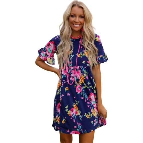 Women Dark Blue/Pink Ruffled Short Flared Sleeves Floral Outfits