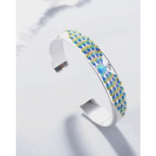 Sole Memory Cloisonne Peacock Sutra National Style 925 Sterling Silver Female Resizable Bangles SBR156