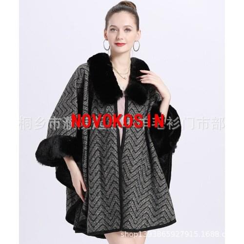 2021 Winter Warm Long Knitted Wave Printed Poncho Cape Cashmere Loose Women Imitation Fur European Jacquard Weave Cardigan Coat