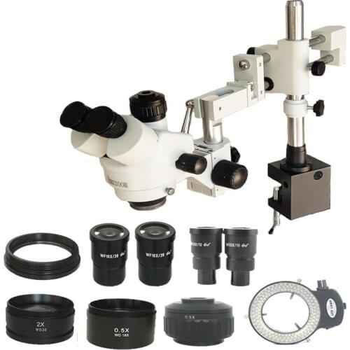3.5X-180X Simul focal Trinocular Double Arm Clamp Microscope+0.5X 2.0X 1X Auxiliary Objective Lens +144 Led Lights Phone Tools