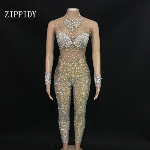 AB Color Stones Mesh Jumpsuit Women Birthday Celebrate Wear Prom Party Singer Transparent Outfit Evening Collections