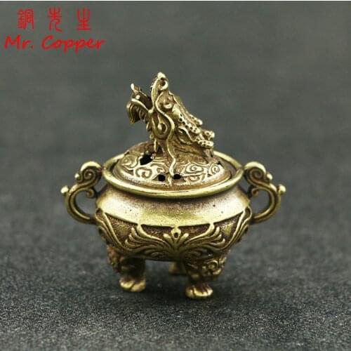 Antique Copper Tripod Incense Burner with Dragon Head Cover Brass Caldron Censer Chinese Pattern Incense Holder Home Desk Decor