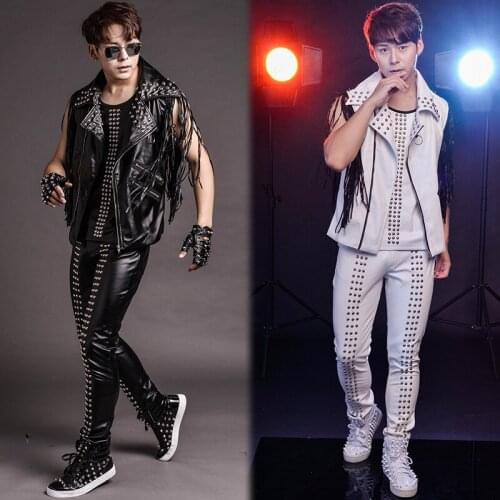 Black Mens Dance Costume Nightclub Bar Male Singer Stage Leather Fringe Costume Tide Rivet Vest Singing Performing Suits BL2211