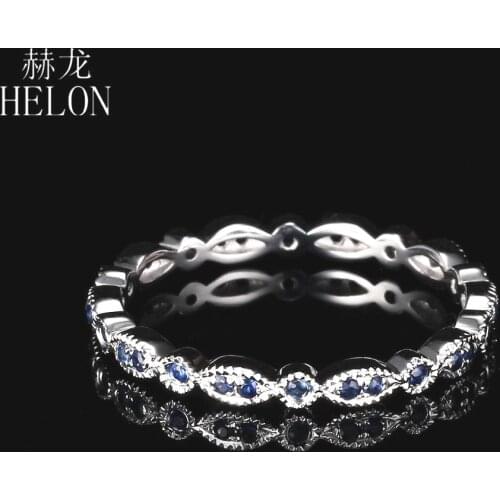 HELON Real 10K White Gold Genuine Sapphires Engagement Wedding Ring Women Vintage Gemstone Fine Jewelry Full Eternal Band