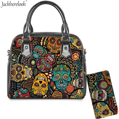 Jackherelook 2Pcs/set Sugar Skull Print Shoulder Messenger Crossbody Bag and Wallet PU Leather Top-Handle Bags & Purse for Women