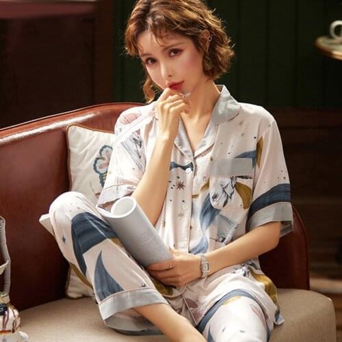 Spring and Summer Ladies Pajama Set Viscous fiber 2Pcs Set Floral Printed Elegant Femme Tender Sleepwear Homewear