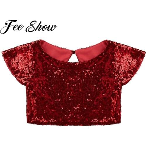 Fashion Kids Girls Tanks Sparkly Sequins Keyhole Cap Sleeve Round Neck Tanks Dance Stage Performance Birthday Party Costume Tops
