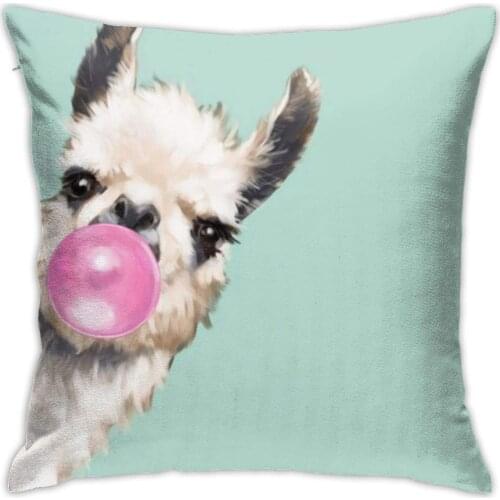 Cartoon Sneaky Llama Bubble Gum Green Throw Pillow Covers Decorative 18x18 Inch Pillowcase Square Cushion Cases for Home Sofa
