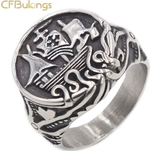 CFBulongs Gothic Stainless Steel Viking Ring Peculiar Octopus Tentacles Pirate Ship Vintage Ring Nordic Jewelry