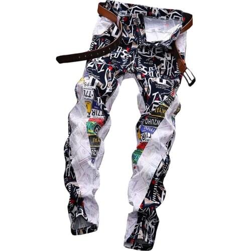 New European American Men Colored Jeans Spring Alphabet Digital Printing Pants Mens Slim Fashion Stretch Casual Trousers