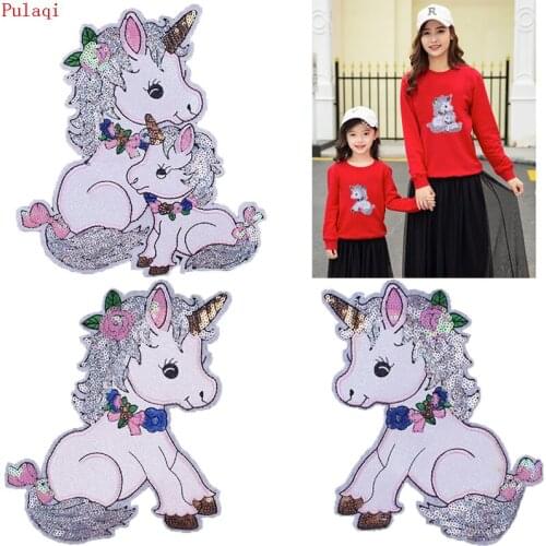 Pulaqi Unicorn Sequined Patches Iron On Embroidery Patches For Clothing Sticker Stripe Cartoon For Parent-child Womens T-shirts