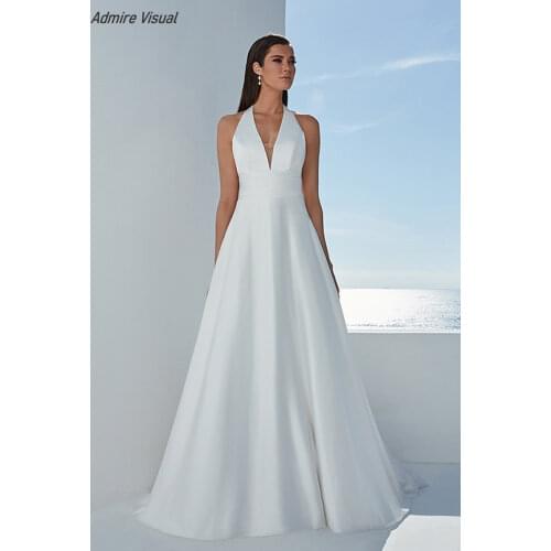 Wedding Dress A-Line Elegant Halter Neckline Sleeveless Stain Floor-Length With For Party Plus Sizes Bride Gown