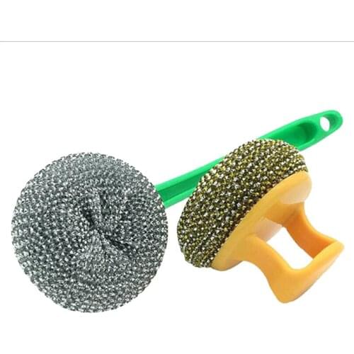 Wire Ball Brush With Long Handle Pan Cleaning Brush Dish Handle Washing Brush Stainless Steel Wire Ball Kitchen Cleaner