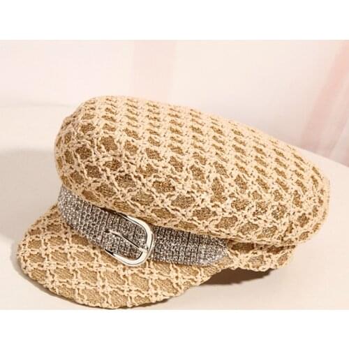 H745 British Retro Beret Hat Summer Women Thin Flat Top Breathable Plaid Cap Girl Golden Wire Mesh Belt Buckle Navy Casual Hats