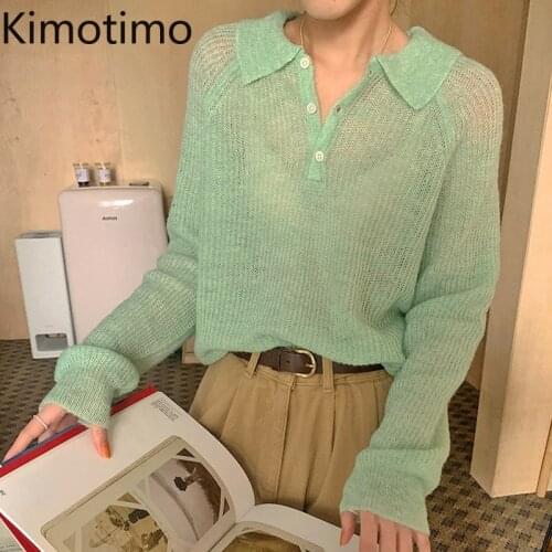 Kimotimo Thin Knitted Cardigan Women 2021 Autumn Mohair Turn-down Collar Sweaters Korean Solid All-match Long Sleeve Pullover