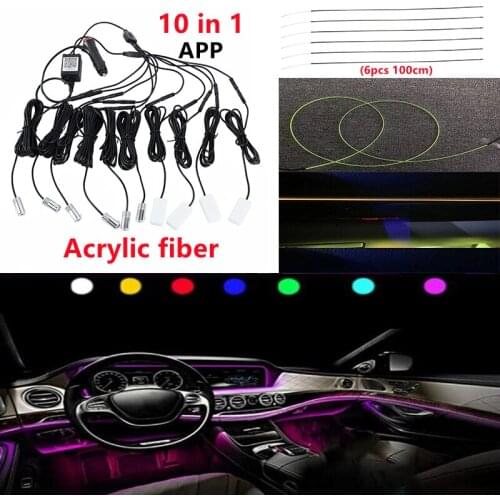 Universal 10 in 1 RGB LED Car Interior Decor Acrylic Fiber Optical Strip Light by App Control 12V Decorative Atmosphere Lamps