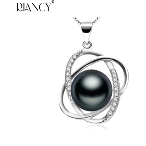 Vintage black natural freshwater pearl pendant, 925 sterling silver 9-10mm pearl mother bridal birthday gift top quality