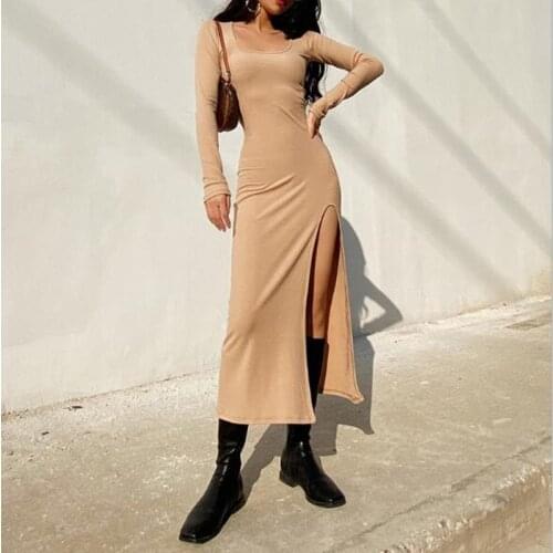 Big round neck long sleeve side slit long skirt 2021 new European style sexy waist womens sexy bag hip tight dress