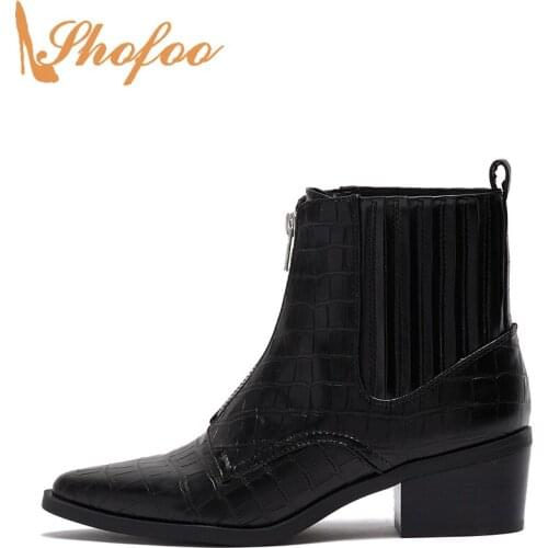 Black Crocodile Embossed Woman Ankle Boots High Chunky Heels Pointed Toe Booties Zip Big Size 15 16 Ladies Fashion Shoes Shofoo