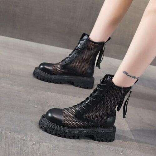 QZYERAI New Summer Style Genuine Leather Women Martin Mesh Boots Sandals Cowhide Breathable Locomotive Shoes Black Ankle Boots