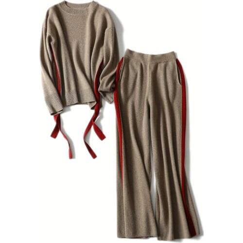 100% Cashmere Sweater Women Two Pieces Suit Fashion Knitted Top Two-piece Casual Real Cashmere 2 pieces Suit Ladies Trousers