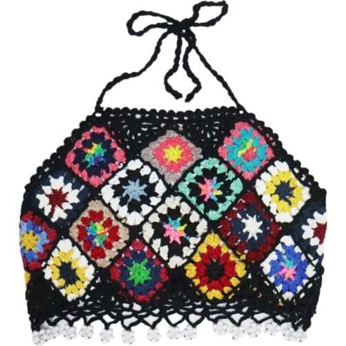Women Boho Crochet Halter Backless Crop Top Rainbow Rhombus Pattern Bikini Camisole Pearl Beaded Tassel Hem Mini Vest