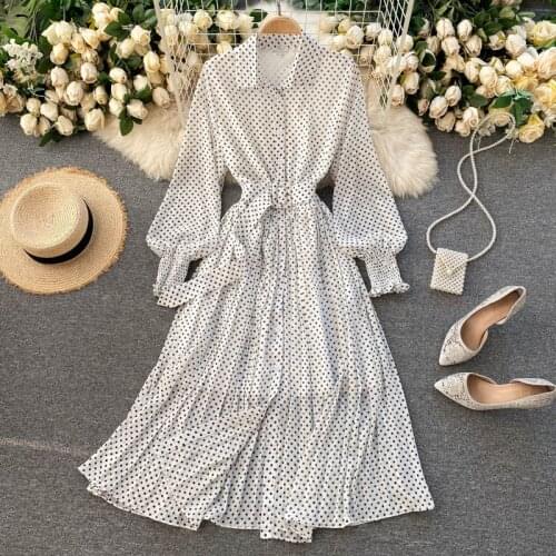 2021 New Autumn Polka Dot Dress Sashes Long Sleeve High Waist Elegant Women Mid-calf Dress vintage French Dress