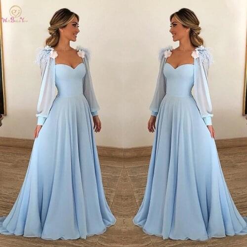 Sky Blue Evening Dresses Sheer neck Chiffon Long Sleeves with Feather Flower A-line Prom Gown Formal Dress 2020 Walk Beside You