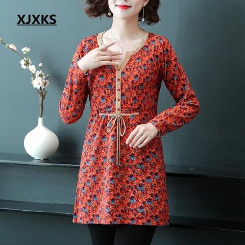 XJXKS Fashion V-neck exquisite printing women long sweater 2019 autumn winter new 100% wool knitted dress women pullover