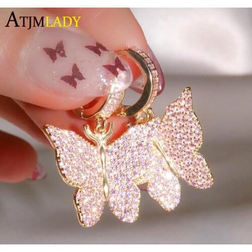 2021 Fashion New Design Dangle Drop Earring Micro Pave White Pink Blue CZ Butterfly Charm Cute Lovely Animal Girls Jewelry
