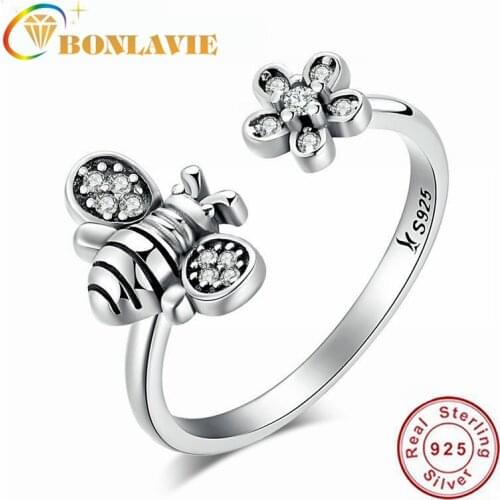 BONLAVIE Small Bee S925 Sterling Silver Ring Bee and Flower Diamond Opening Ladys Diamond Ring Fashion Jewelry