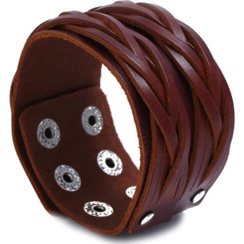 Fashion Men Wide Bracelet Braided Genuine Leather Charm Bangle Wrap Adjustable Weave Wristbands Punk Vintage Biker Women Jewelry