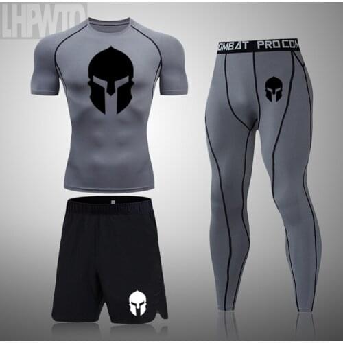 Brand Mens Gym Fitness Compression Sports Suit Clothes Short Sleeve t-Shirt Running Jogging Wear Exercise Workout Tights