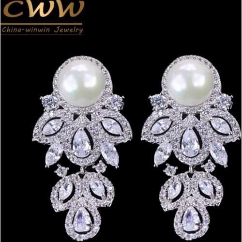 CWWZircons Top Quality Tiny Cubic Zirconia Stone Sterling Silver 925 Dangle Leaf Drop CZ Pearl Earring Jewelry for Women CZ193
