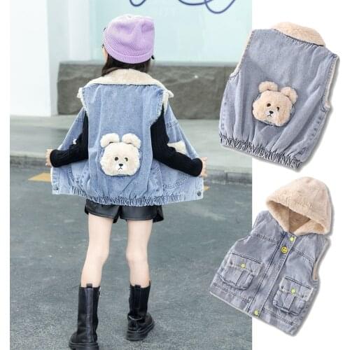 Kids Warm Denim Vest Bear Design Autumn Winter Clothing Girls Rabbit Fur Coat Fur Collar Jacket Plus Velvet Cardigan Jacket JYF