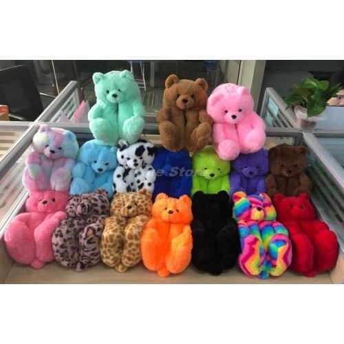 Teddy Bear House Slippers Women Home Indoor Soft Anti-slip Faux Fur Cute Fluffy Pink Slippers home slippers cartoon slippers