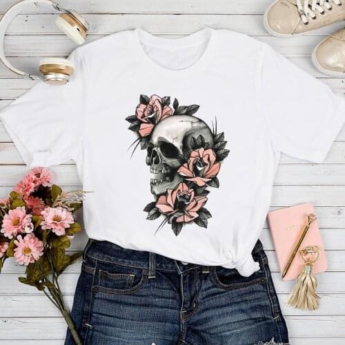 T-shirts Women Floral Skull Vintage 90s Printing Trend Spring Summer Tshirt Top Lady Stylish Girl Print Clothes Tee T-Shirt