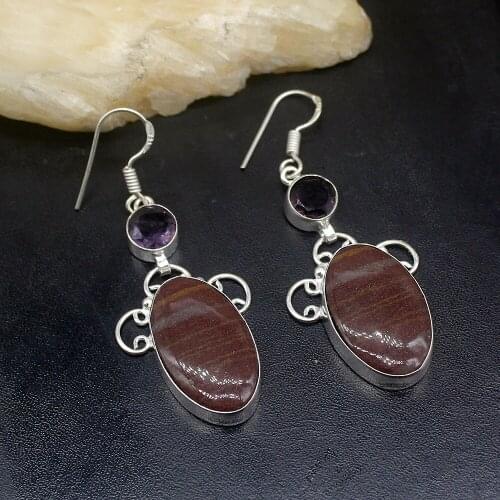 Gemstonefactory Big Promotion Unique 925 Silver Natural Ocean Jasper Amethyst Women Ladies Gifts Dangle Drop Earrings 20211928