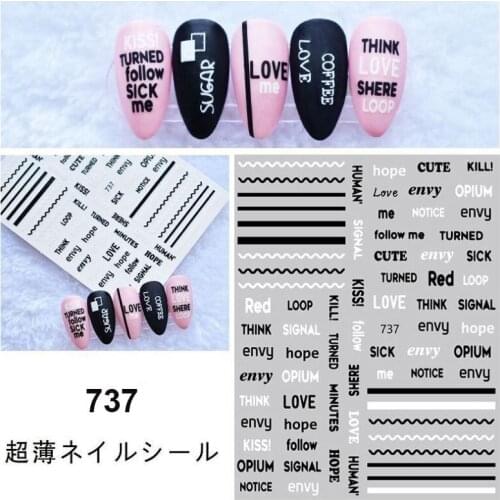 Geometric nail art sticker black white colors english letters round circles 3D printing self adhesive nail decals YJ021