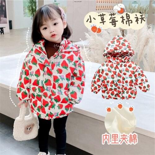 INS hot Baby girls' winter jacket Printed Strawberry Hooded Parka 2-7 year baby girl winter jacket toddler girl winter clothes